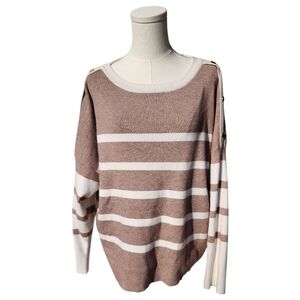 Aaeda Striped Knit Sweater Beige White Button Shoulder Oversized Cozy